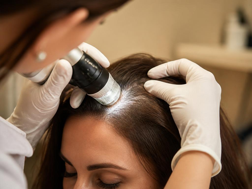 Exame do couro cabeludo com tricoscópio para avaliação capilar