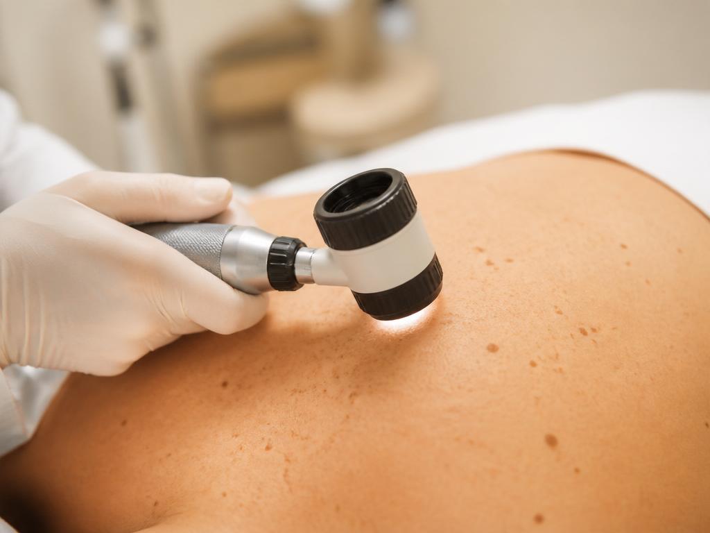 Dermatologista examinando a pele do paciente com dermatoscópio